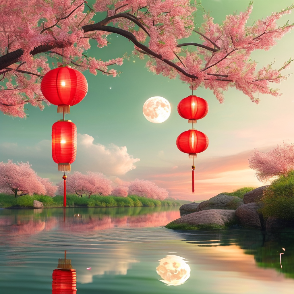 一家人围坐吃年夜饭，窗外贴着春联，桌上摆满饺子和糖果，寓意团圆和幸福