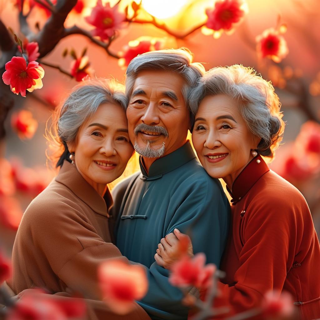 一家人围坐在一起吃年夜饭，窗外灯火通明，充满节日氛围